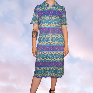 Vtg Mod 60s Half Zip Blue Purple Tan Mid Length Mumu Night Gown Cover Up Sz Sm